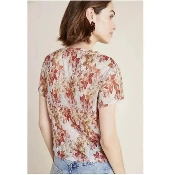 Anthropologie Eva Franco Metallic Floral Tie Front Short Sleeve Shirt Sz Medium - Picture 3 of 11
